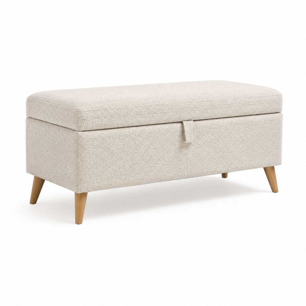 Banc coffre de lit rectangulaire beige en polyester bouclette et bois massif 100 x 40 x 45 cm