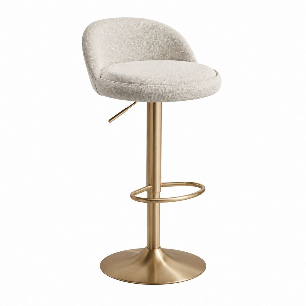 Tabouret de bar réglable beige en polyester avec piètement rond doré 52 x 53 x 93-113 cm