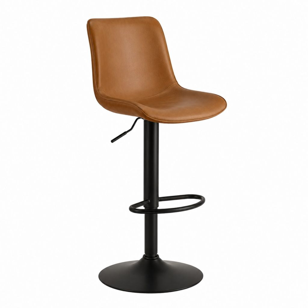 Tabouret de bar réglable marron en cuir synthétique PU avec pied noir 90-112 cm