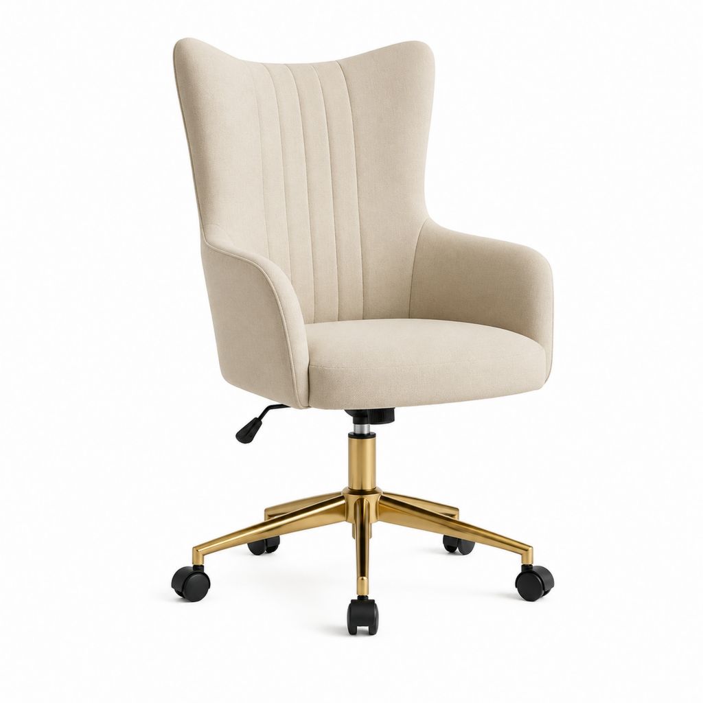 Fauteuil de bureau pivotant beige en polyester avec accoudoirs base dorée à roulettes 65 x 65 x 100-110 cm