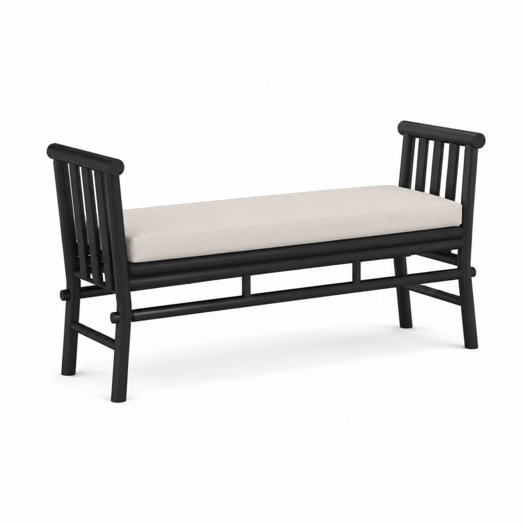 Banc de jardin 2 places noir en bois d'acacia avec coussin beige 120 x 50 x 90 cm