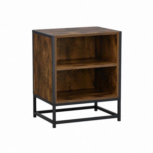 Table de chevet 2 niches brun rustique panneaux de particules acier noir rectangulaire 40 x 40 x 60 cm