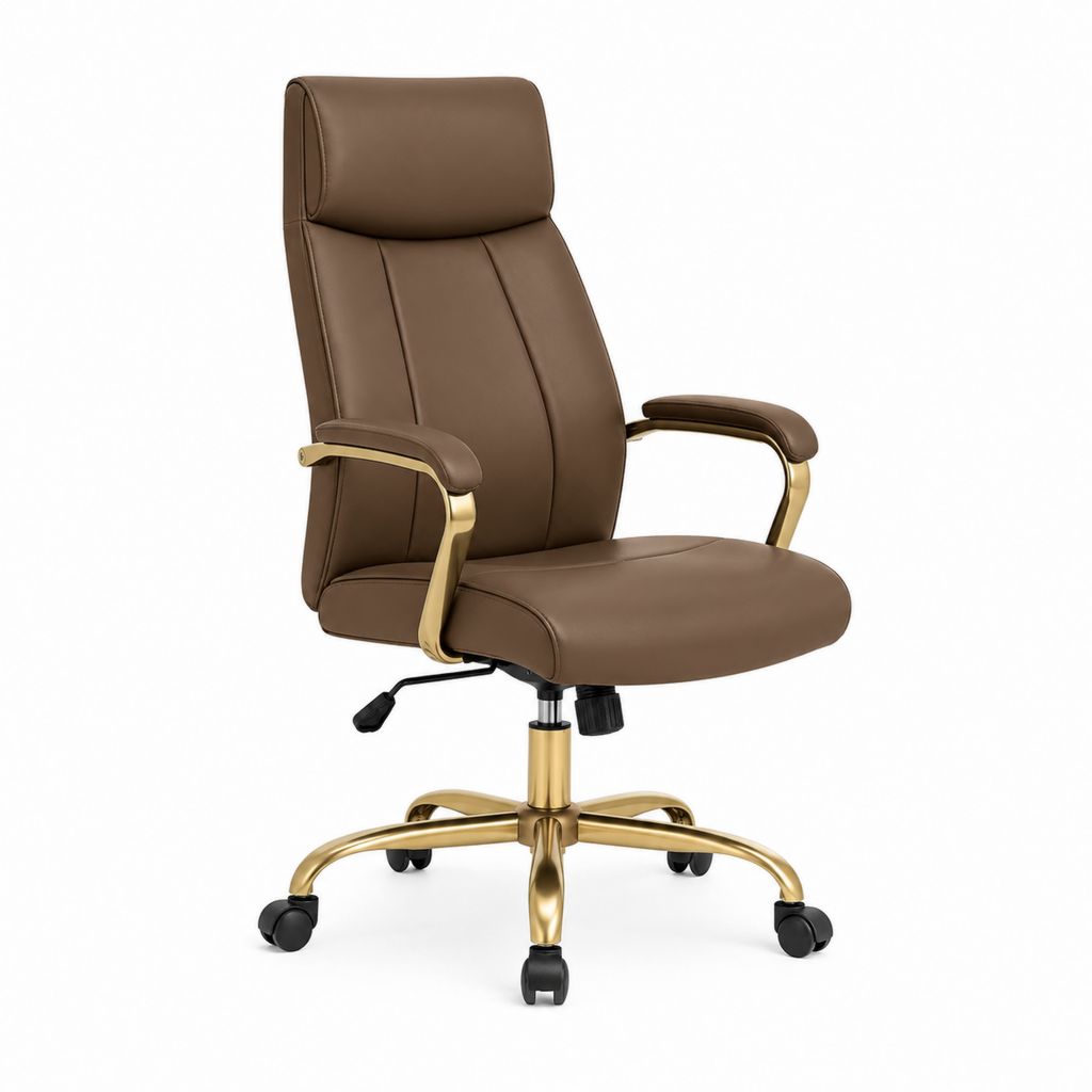 Chaise de bureau à dossier haut marron en cuir synthétique PU avec accoudoirs et roulettes 65 x 65 x 112-122 cm