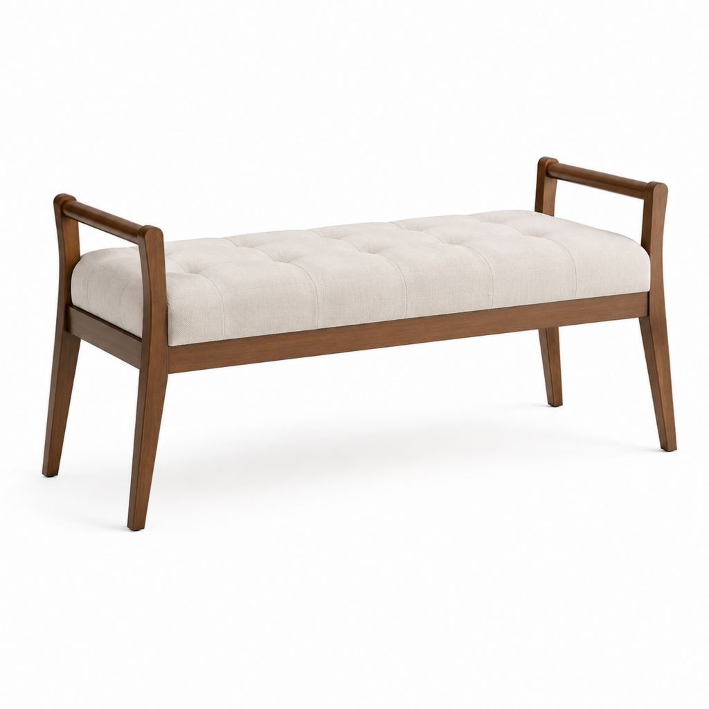 Banc de bout de lit capitonné beige en polyester et bois massif 120 x 45 x 60 cm
