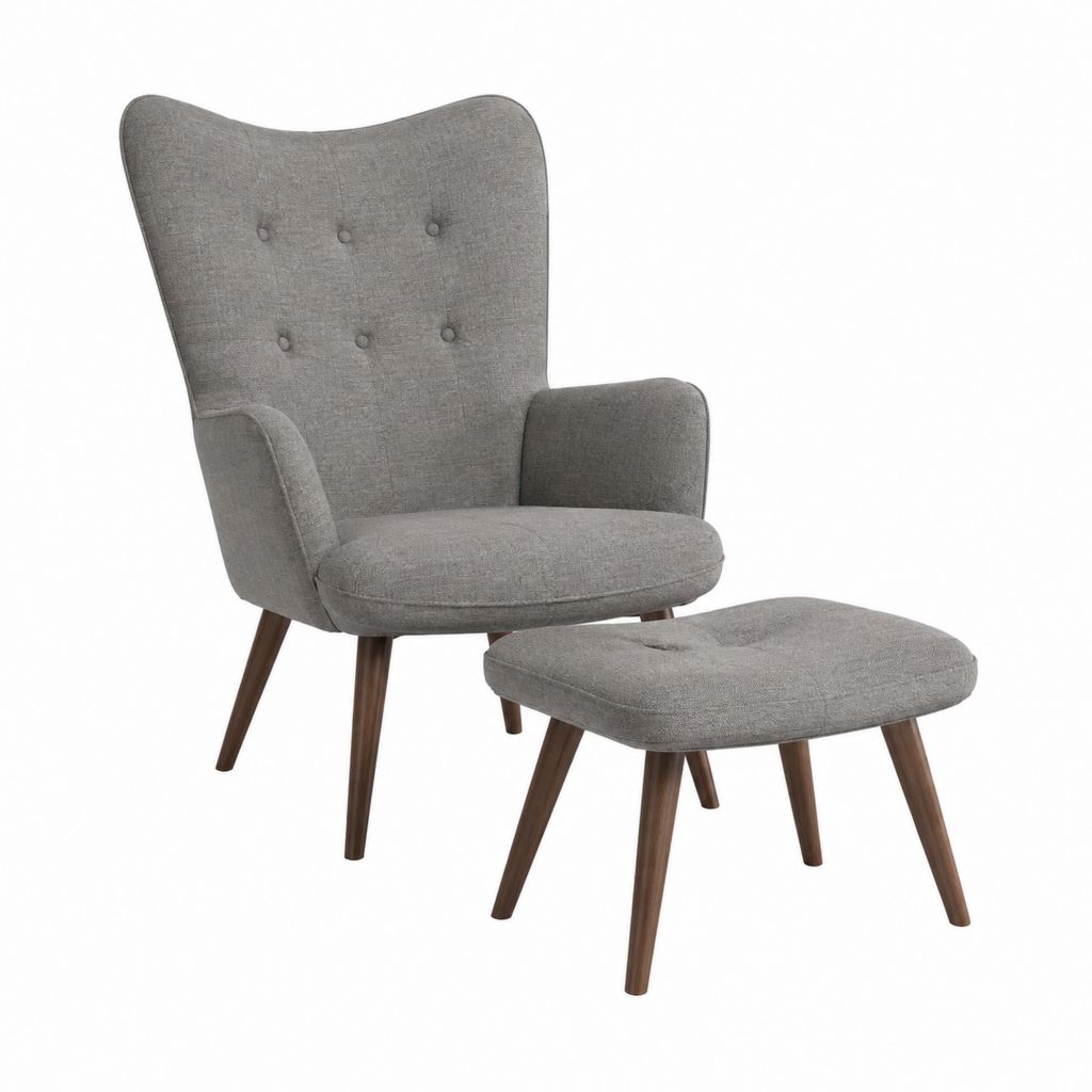 Fauteuil à oreilles avec repose-pieds gris en polyester pieds en hévéa massif 78 x 82 x 101 cm