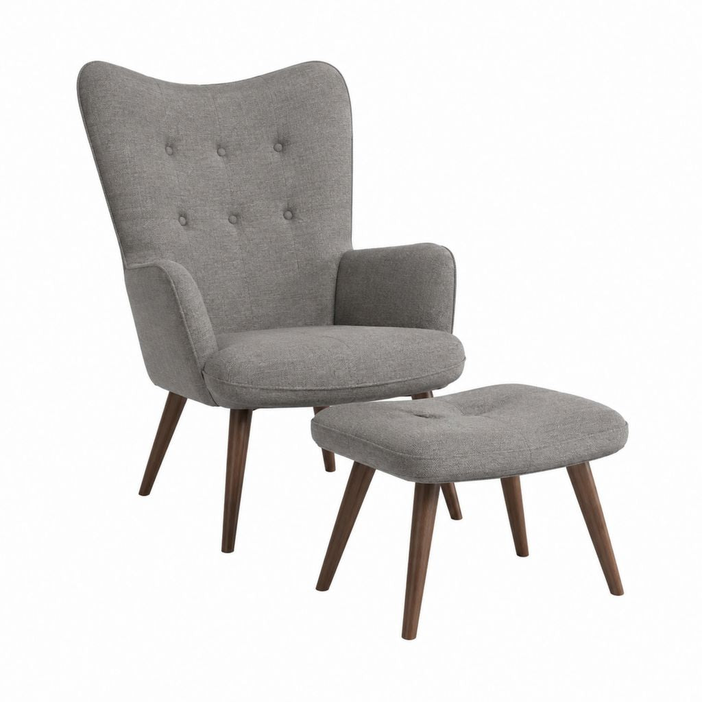 Fauteuil à oreilles avec repose-pieds gris en polyester pieds en hévéa massif 78 x 82 x 101 cm