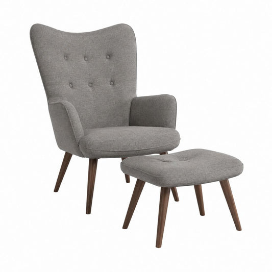 Fauteuil à oreilles avec repose-pieds gris en polyester pieds en hévéa massif 78 x 82 x 101 cm