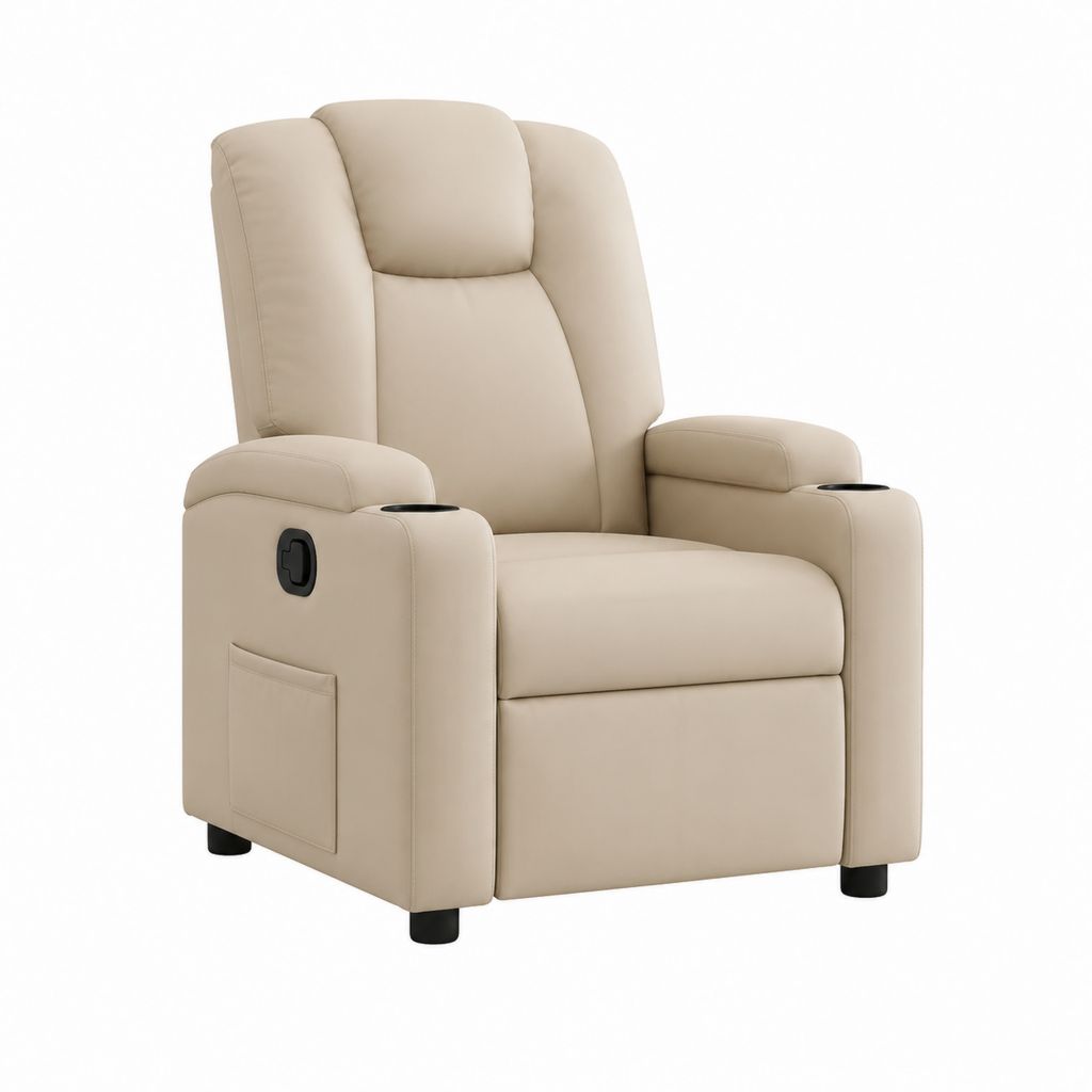 Fauteuil relax inclinable manuel beige en cuir synthétique PU avec porte-gobelets 89 x 94 x 101 cm