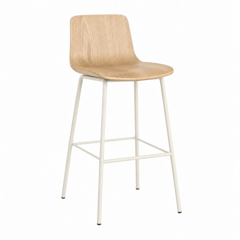 Tabouret de bar avec dossier beige et blanc en contreplaqué plaqué chêne et acier 48 x 51 x 99 cm