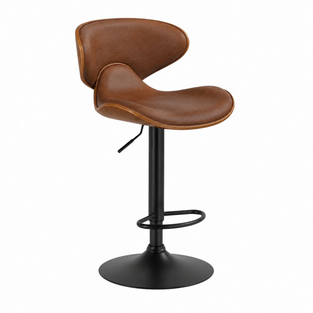 Tabouret de bar réglable pivotant marron en PU avec base ronde en acier noir 50 x 52 x 88-108 cm
