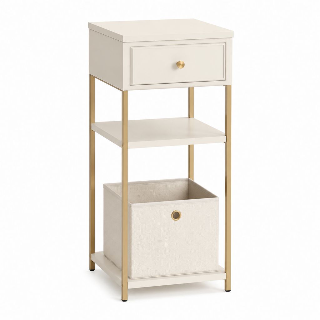 Table de chevet avec tiroir panier blanche en MDF acier doré et polyester 40 x 30 x 80 cm