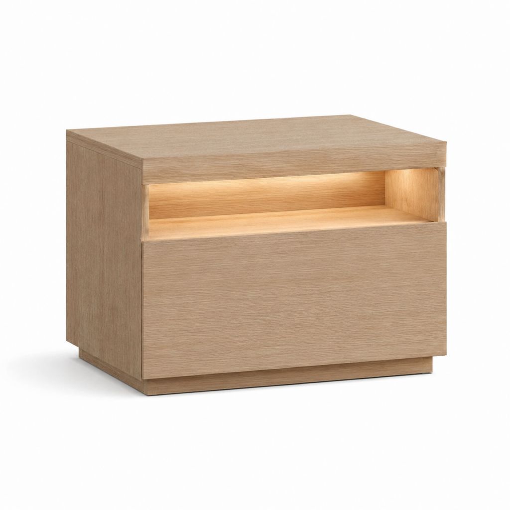 Table de chevet rectangulaire en panneaux MDF plaqués chêne clair avec éclairage LED 50 x 40 x 45 cm