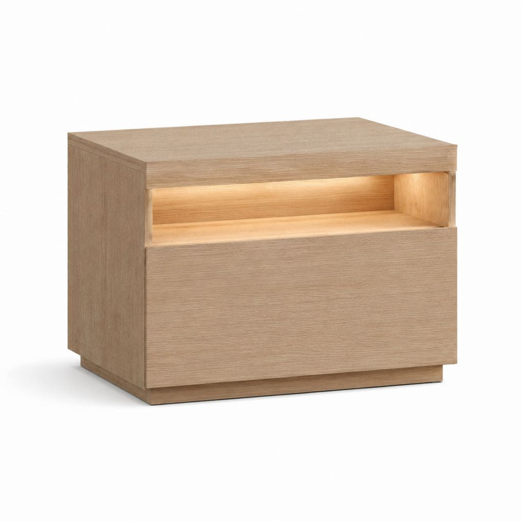 Table de chevet rectangulaire en panneaux MDF plaqués chêne clair avec éclairage LED 50 x 40 x 45 cm