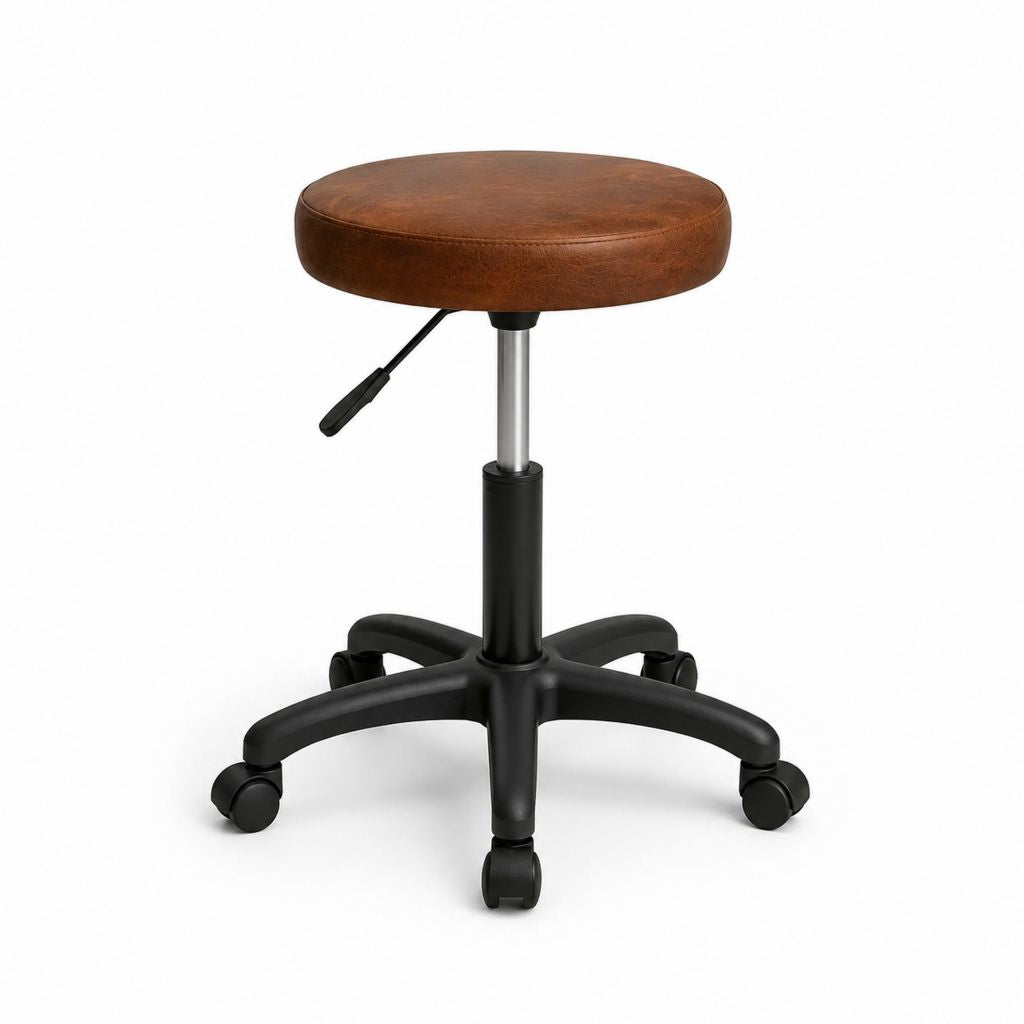 Tabouret de bureau à roulettes marron en PU avec assise ronde Ø 35 cm hauteur réglable 45-57 cm