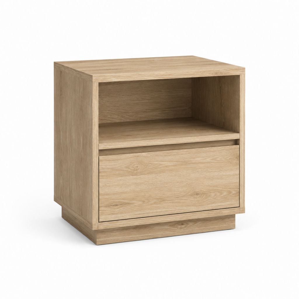 Table de chevet à 1 tiroir et niche ouverte chêne clair en panneaux de particules 45 x 40 x 55 cm
