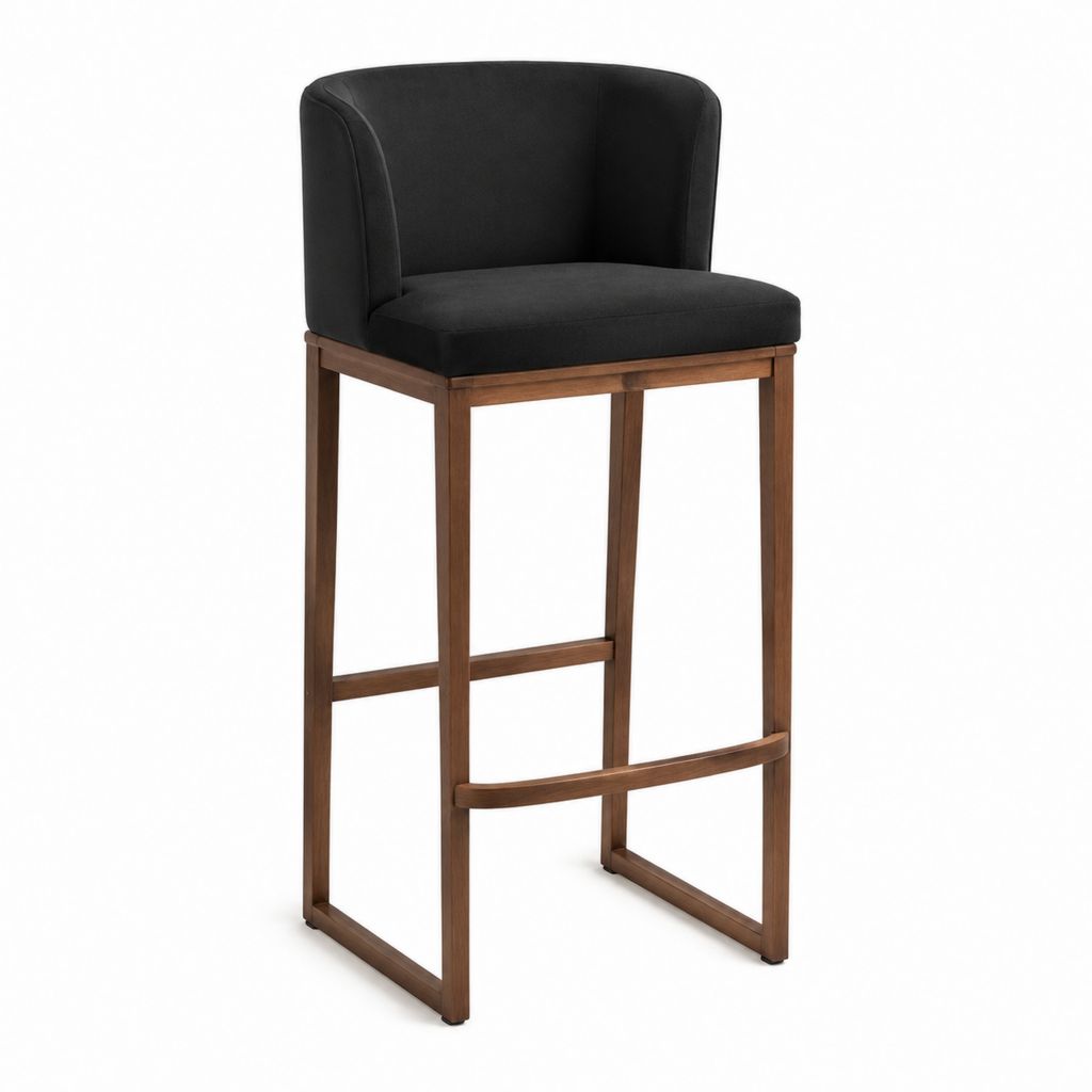 Tabouret de bar avec dossier noir en velours polyester et hévéa massif 55 x 55 x 100 cm