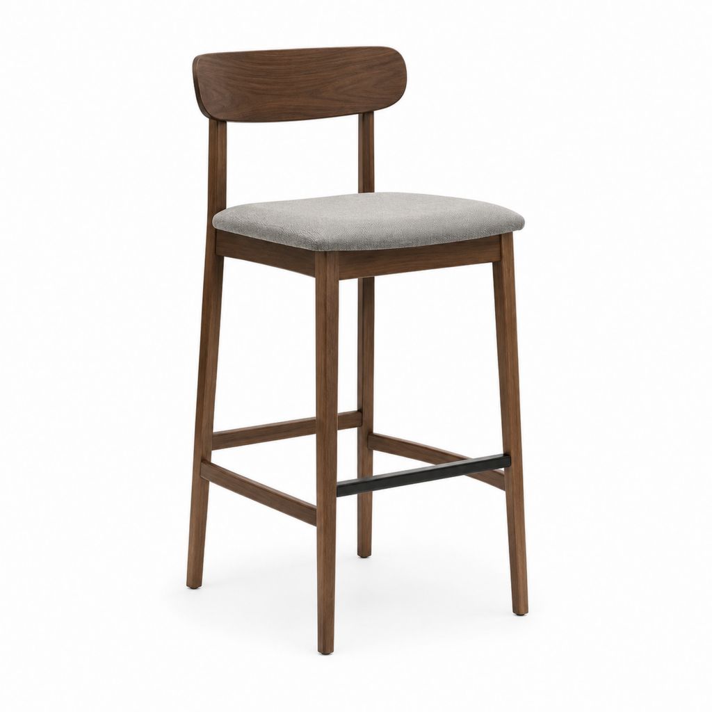 Tabouret de bar avec dossier brun et gris en bois massif et polyester 45 x 50 x 100 cm